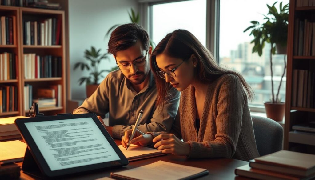 A collaborative workspace with two authors intently focused on a manuscript, surrounded by an organized array of writing materials and reference books. Warm, muted lighting casts a pensive atmosphere as they review and discuss edits, their expressions thoughtful and engaged. In the foreground, a tablet displays an open document, with handwritten notes and comments visible. The background features a bookshelf, a potted plant, and a window overlooking a tranquil urban scene, conveying a sense of quiet productivity.