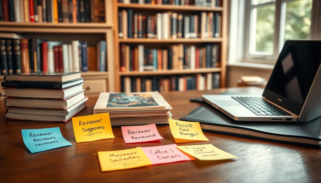 A comfortable home office with a wooden desk, a stack of books, and a laptop computer. On the desk, several colorful sticky notes with handwritten reviewer suggestions. The notes are arranged in a thoughtful, organized manner, reflecting a strategic approach to the selection process. Soft, warm lighting illuminates the scene, creating a welcoming and productive atmosphere. The background features a bookshelf filled with academic volumes, hinting at the intellectual context. The overall composition suggests a careful, well-considered decision-making process for choosing the right reviewers.