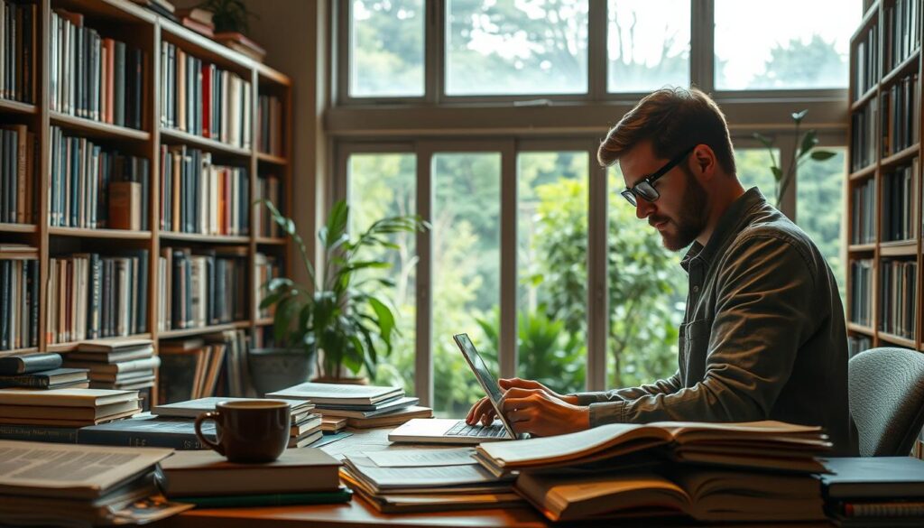 A cozy academic study filled with warm lighting and a sense of focused contemplation. In the foreground, a researcher intently poring over a laptop, surrounded by a clutter of books, papers, and a mug of steaming coffee. In the middle ground, shelves of scholarly volumes line the walls, hinting at the wealth of knowledge available. The background features a large window overlooking a lush, verdant garden, creating a serene, inspirational atmosphere. The overall mood is one of dedicated academic pursuit, with the tranquil natural setting providing a sense of balance and clarity. The camera angle is slightly elevated, lending an air of thoughtful observation to the scene.