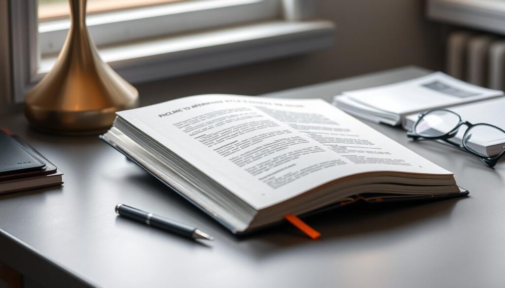 A desk with an open book, showcasing various academic referencing styles guides. The book has a clean, minimalist cover design, featuring an elegant typeface and a subtle pattern or texture. The desk is positioned in a well-lit, serene study environment, with soft, natural lighting from a window or lamp. Surrounding the book are neatly organized office supplies, such as a pen, highlighter, and a pair of reading glasses, creating a scholarly and professional atmosphere. The overall mood is one of focused productivity and attention to detail, reflecting the meticulous nature of academic referencing.