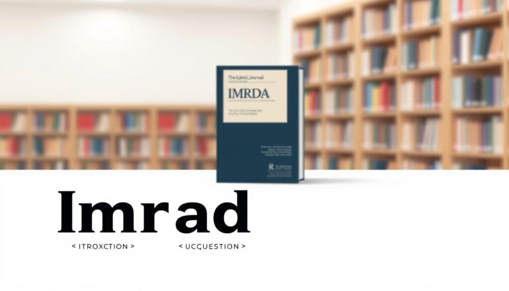 A minimalist, elegant illustration of the IMRAD structure, the fundamental format for academic publishing. In the foreground, clean typographic elements depict the Introduction, Methods, Results, and Discussion sections, arranged in a clear grid. The middle ground features a stylized academic journal cover, while the background showcases a soft, blurred library setting with bookshelves, lending an air of scholarly authority. Muted tones of gray, blue, and beige create a sophisticated, professional mood. Lit from above with soft, diffused lighting to emphasize the simplicity and structure of the academic publishing process.