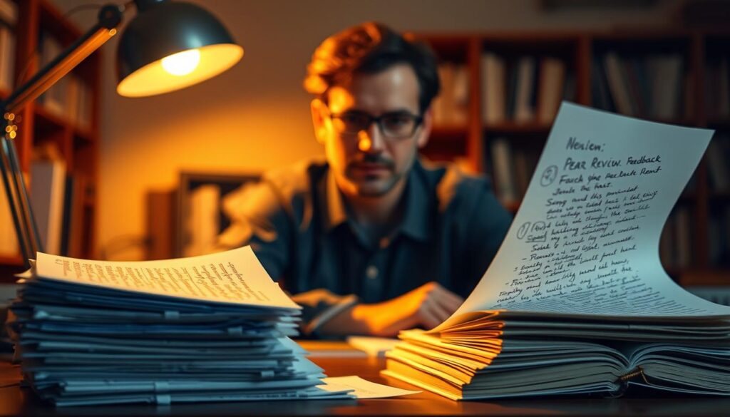 A scholar sits at a desk, intently reviewing the peer review feedback on their research manuscript. The scene is bathed in warm, golden light from a desk lamp, casting a thoughtful atmosphere. In the foreground, a stack of papers with scribbled notes and comments are visible, representing the valuable feedback received. The middle ground shows the scholar's focused expression as they contemplate the next steps in addressing the review. The background blurs softly, emphasizing the importance of this critical process. The overall mood is one of diligence, reflection, and a determination to strengthen the work through the peer review response.