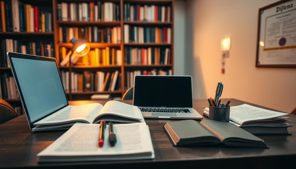 An academic desk with a laptop, open books, and a neatly organized set of pens and highlighters. The background features a bookshelf filled with academic tomes, a wall-mounted whiteboard, and a framed diploma on the wall, conveying an atmosphere of scholarly dedication. The lighting is warm and inviting, creating a contemplative mood. The entire scene is captured with a shallow depth of field, emphasizing the focal point of the desk and its contents. The angle is slightly elevated, providing a birds-eye view of the workspace, conveying a sense of structure and precision.