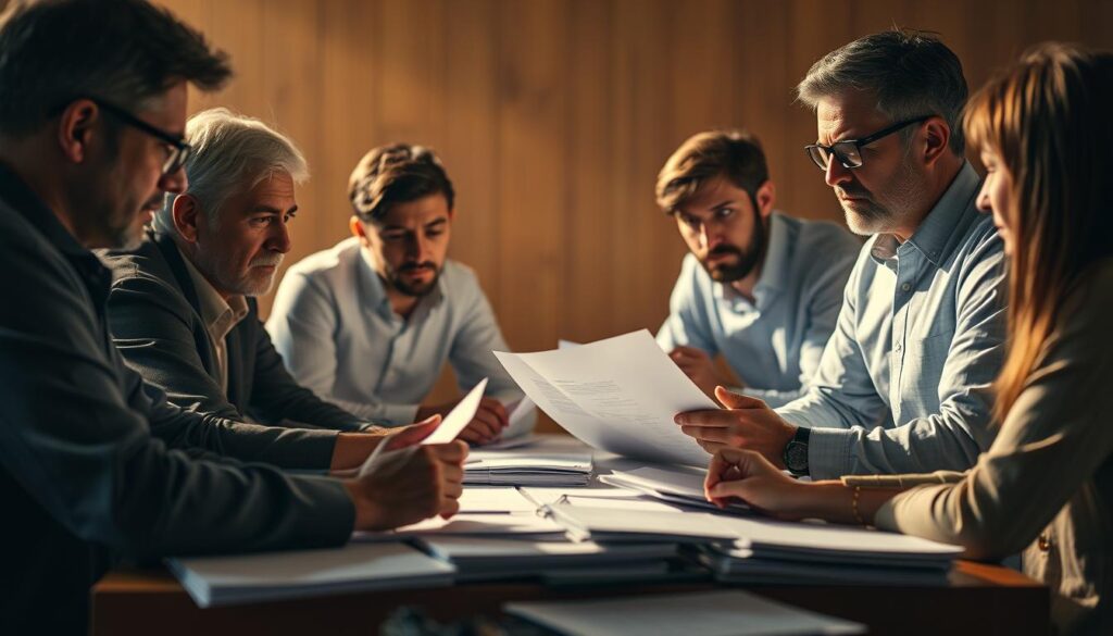 academic reviewers gathered around a table, intently studying and discussing research papers, with a serious, focused expression on their faces, under warm, directional lighting that casts subtle shadows, creating a sense of contemplation and scholarly rigor, the table covered in stacks of documents and notes, the background blurred to emphasize the reviewers' attention and deliberation