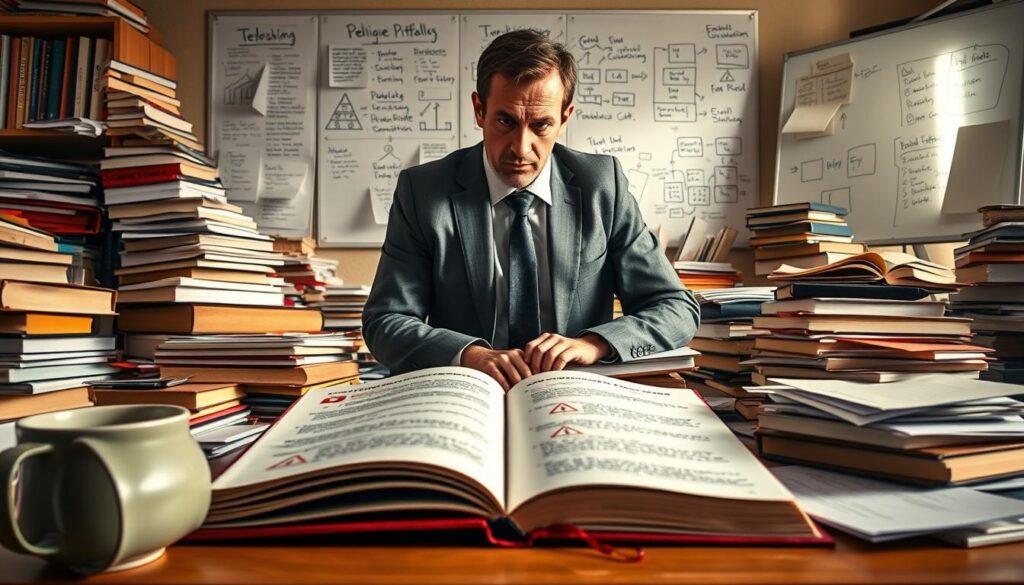 A dynamic office setting showcasing a cluttered desk filled with academic books and papers scattered about, illustrating the theme of "Common Pitfalls" in book proposals. In the foreground, an open book with red flags and warning symbols sketched on the pages, signifying errors to avoid, alongside a coffee cup tipped over. The middle ground features a pensive scholar in professional attire, examining the chaos with a furrowed brow, symbolizing the struggle of navigating publishing challenges. The background should include a whiteboard covered in brainstorming notes and diagrams, bathed in warm, natural light from a nearby window. The atmosphere should feel tense yet focused, emphasizing the challenges scholars face while crafting their proposals.