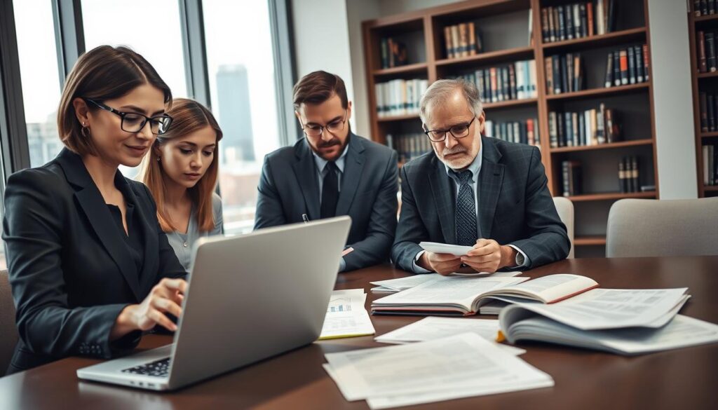 A focused scene depicting a diverse group of four professionals in a modern office environment, intently engaged in a research publication decision-making process. In the foreground, a middle-aged woman in a smart business outfit is analyzing graphs on a laptop, while a young man in professional attire writes notes on a notepad. In the middle ground, an older man, wearing reading glasses, is reviewing printed academic submissions scattered on a conference table, deep in thought. The background features a large window with natural light flooding in, cityscape visible outside, and bookshelves filled with academic journals and books. The atmosphere is collaborative and serious, highlighting the weight of decision-making in academia. Soft, balanced lighting emphasizes the professionals' expressions of focus and determination, captured from a slightly elevated angle for depth.