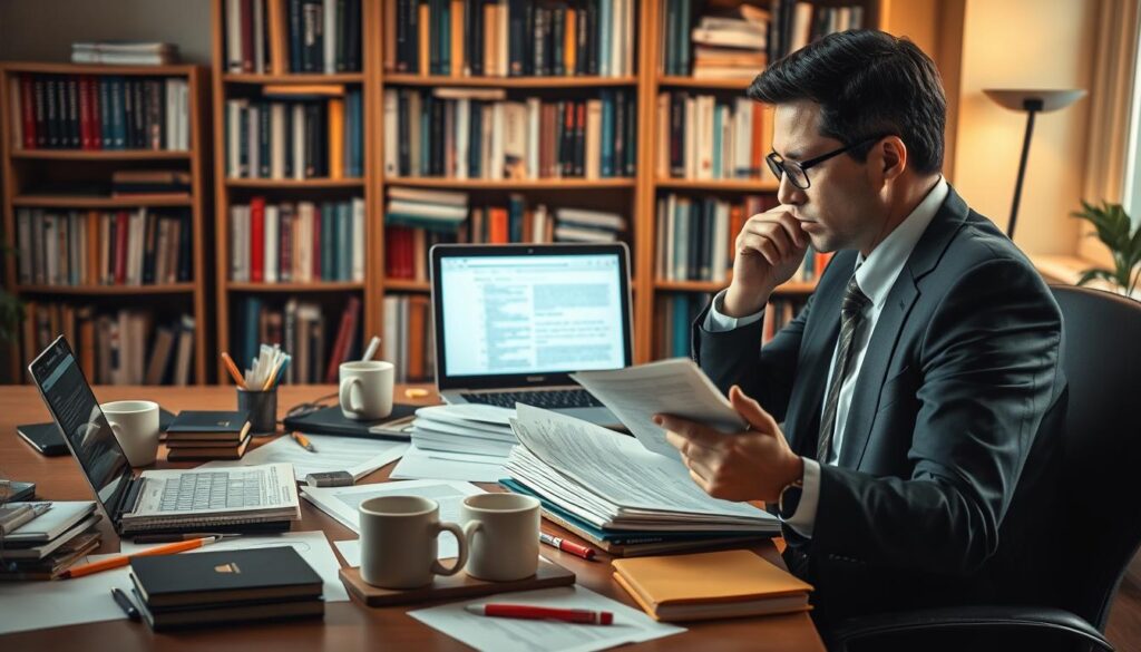 A focused workspace scene depicting the peer review revision process. In the foreground, a professional scholar in business attire intently reviews a stack of academic papers, with a thoughtful expression. Beside them, a laptop displays a screen filled with revision notes and comments. In the middle layer, a table cluttered with coffee cups, highlighters, and printed feedback forms, illustrating a busy research environment. In the background, a soft-lit bookshelf filled with academic journals and reference books, creating an atmosphere of scholarly pursuit. The lighting is warm and inviting, suggesting a late afternoon study session. The overall mood is one of concentration, diligence, and intellectual engagement, inviting viewers to appreciate the nuances of academic revisions.