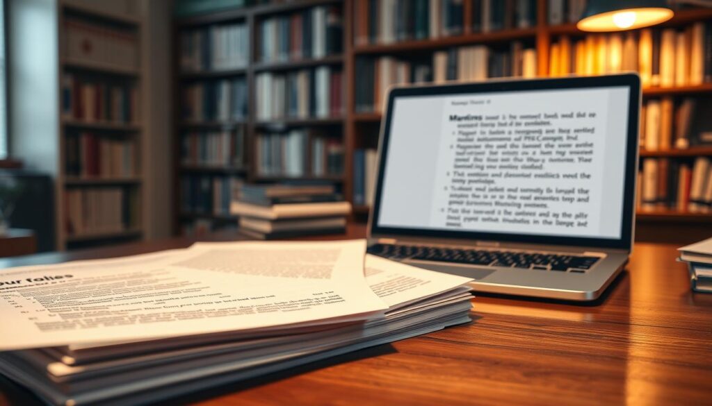 A neatly organized workspace featuring a well-structured document showcasing peer review formatting guidelines. In the foreground, a close-up of a polished wooden desk with a stack of papers highlighting key formatting details like margins, font styles, and citation examples. In the middle ground, a laptop with an open document editing software displaying text about formatting standards. In the background, a cozy library setting with bookshelves filled with academic journals, dimly lit by warm ambient lighting. The scene conveys a professional and focused atmosphere, ideal for researchers preparing their manuscripts for submission. The composition uses a soft focus to emphasize the document details while maintaining a warm and inviting tone.
