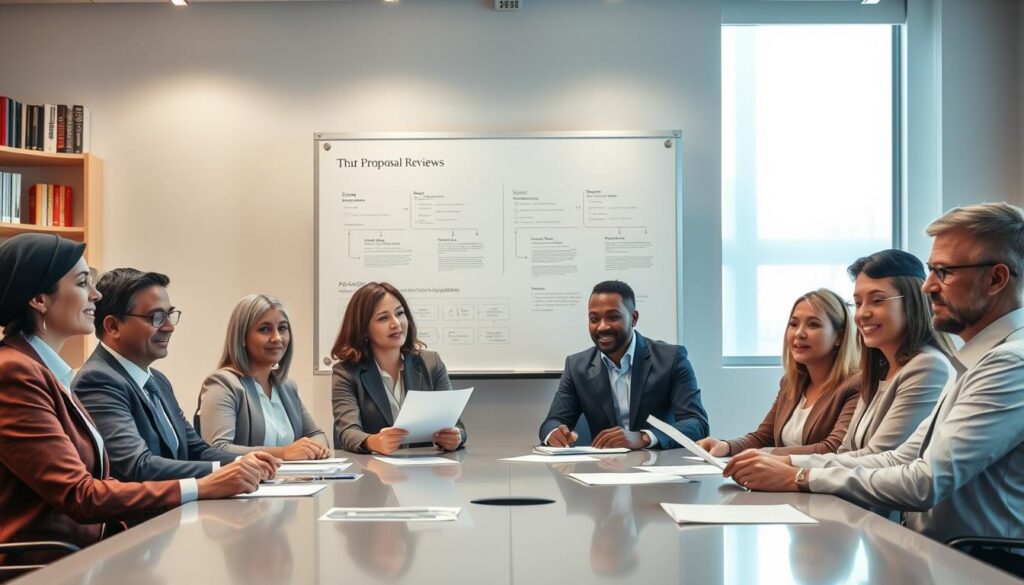 A professional and modern office environment, demonstrating a transparent proposal review process. In the foreground, a diverse group of scholars in professional business attire are seated around a sleek conference table, reviewing documents and engaging in discussion, conveying collaboration and openness. In the middle ground, a large whiteboard showcases flowcharts and visual aids symbolizing clarity and transparency, while an illuminated window behind them allows natural light to flood the space, enhancing the atmosphere. The background displays shelves filled with books and awards, emphasizing a scholarly environment. The lighting is bright and focused, highlighting the attendees' expressions of determination and engagement, creating a mood of professionalism and trust.