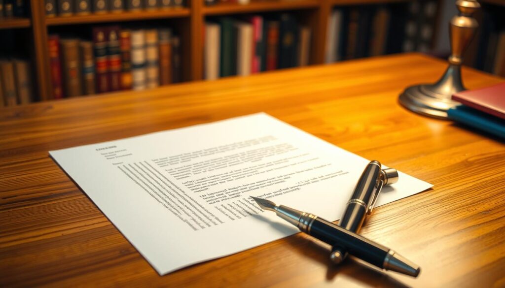 A professional cover letter laid out on a polished wooden desk, with an elegant fountain pen resting beside it. The letter features a traditional format, neatly typed, with a strong opening paragraph inviting attention. In the background, a soft-focus bookshelf filled with scholarly books suggests an academic setting. The lighting is warm and inviting, coming from a nearby lamp, casting gentle shadows that enhance the depth of the scene. The angle is slightly above eye level, emphasizing the details of the letter while keeping the surrounding environment visible. A subtle aura of professionalism and diligence is present, evoking a sense of purpose in the academic journey. The overall mood is calm and focused, ideal for an analysis of effective cover letters.