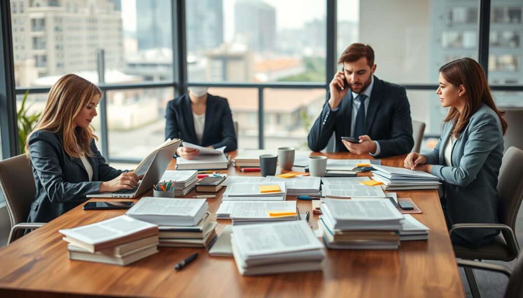 A professional workspace illustrating the "Galley Proof Review Process." In the foreground, a diverse group of three professionals in business attire—one woman reviewing a manuscript on a laptop, another man taking notes in a notepad, and a woman on the phone discussing revisions. In the middle, a large wooden table covered with stacks of galley proofs, pens, sticky notes, and coffee cups, conveying a busy and focused atmosphere. In the background, a glass wall revealing a sunny urban office landscape, with soft natural light streaming in, enhancing the collaborative vibe. The color palette is warm and inviting, with a slightly blurred depth of field to keep the focus on the professionals and the galleys, embodying the meticulousness and teamwork involved in the review process.