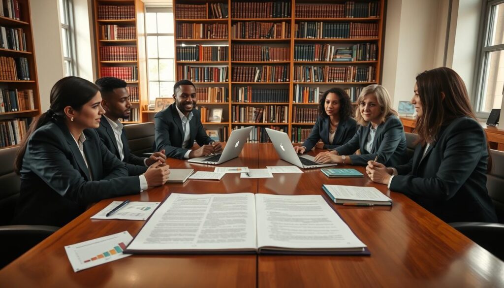 A scholarly scene depicting the peer review process in academic publishing. In the foreground, a diverse group of four professionals sits around a polished wooden table, engaged in discussion. They are dressed in professional business attire, showcasing a blend of ethnicities. In the middle ground, there is a large open manuscript with highlighted sections, alongside laptops and notebooks. Papers with graphs and charts relate to research findings. In the background, a large bookshelf filled with academic journals and books creates an intellectual ambiance. Soft, warm lighting illuminates the scene from a large window, casting gentle shadows. The atmosphere is collaborative and focused, emphasizing the importance of the peer review process in academia.