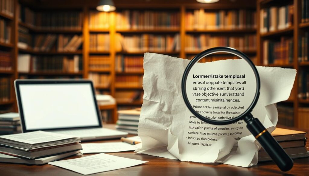 A visually engaging academic proposal template depicted as a torn or crumpled paper, symbolizing common pitfalls in proposal writing. In the foreground, a desk cluttered with reference books, a laptop showing a blank document, and scattered notes on formatting errors and content misalignment. In the middle ground, a magnifying glass focusing on a highlighted section of a template that illustrates a common mistake, such as vague objectives or overstated significance. The background features a softly lit library with shelves filled with academic journals and warm wooden tones, fostering a serious and professional atmosphere. Soft, diffused lighting enhances the image, casting gentle shadows to create depth, while the overall mood conveys a sense of caution and reflection on academic standards.