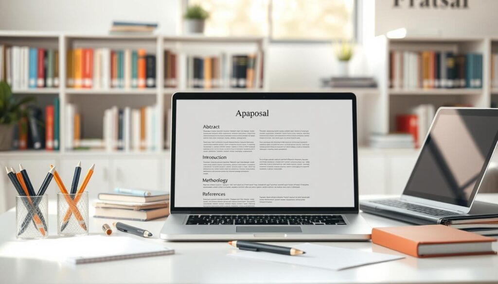 A visually engaging academic proposal template displayed prominently on a clean, modern desk surrounded by essential stationery items like pens, notepads, and a laptop. The template should have a structured layout with clearly defined sections for the title, abstract, introduction, methodology, and references, utilizing elegant typography and a professional color scheme. In the background, softly blurred shelves filled with academic books create a scholarly atmosphere. Natural light streams from a nearby window, illuminating the scene and casting gentle shadows, creating a warm and inviting mood. The focus is on clarity and organization, reflecting a professional environment conducive to academic work.