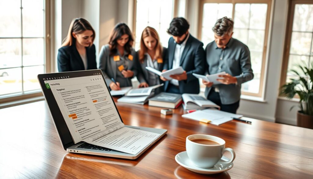 A well-organized editorial timeline revision process depicted as a digital workspace. In the foreground, a polished wooden desk with a laptop open to a document with highlighted text and annotated comments. Beside it, a notepad and a steaming cup of coffee suggest focus and concentration. In the middle ground, a diverse group of four professionals—two women in smart business attire and two men in modest casual clothing—engaged in discussion over printed manuscripts, surrounded by colorful sticky notes and red pens. The background features large windows letting in soft natural light, casting a warm atmosphere. The entire scene conveys a sense of collaboration, focus, and diligence within an editorial setting, emphasizing the importance of managing revisions and proofs effectively.