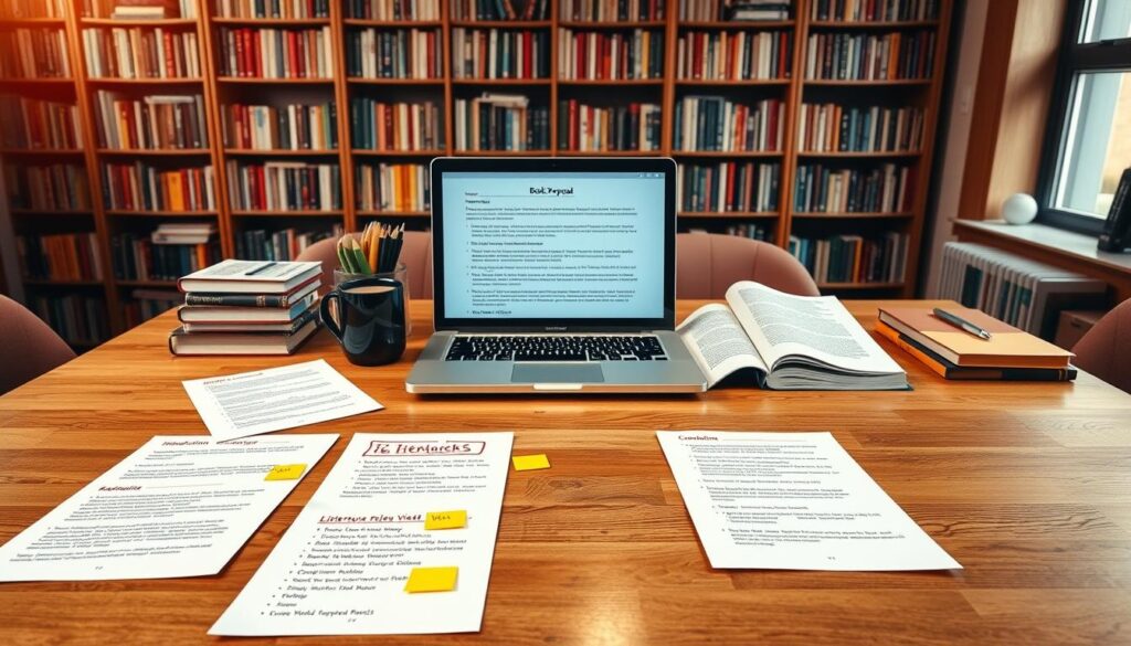 An academic workspace featuring a well-structured book proposal layout on a large wooden desk. In the foreground, several neatly organized papers outline key sections of a book proposal, such as Introduction, Literature Review, Methodology, and Conclusion, with colorful sticky notes and annotations. In the middle, there's a professional laptop displaying a detailed outline of a proposal on its screen, surrounded by academic books and a stylish coffee mug. The background showcases a large bookshelf filled with various scholarly texts and a window with soft, natural lighting that reflects a calm, focused atmosphere. The overall mood is one of productivity and professionalism, with a warm color palette to create an inviting environment.