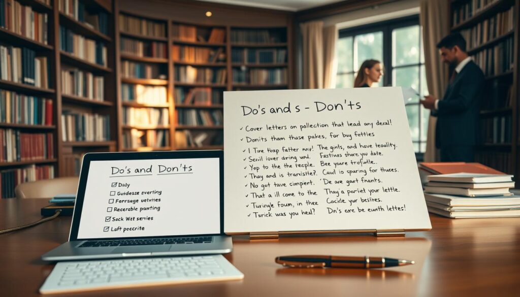 An elegant workspace scene illustrating "Do's and Don'ts" for academic submission cover letter tips. In the foreground, a neatly arranged desk holds a laptop open to a document with a checklist of do's on one side and don'ts on the other, alongside a stylish pen. In the middle, a large notepad displays handwritten tips in legible, professional handwriting, emphasizing clarity and precision. The background features a cozy library with shelves filled with academic texts, softly lit by warm ambient light that creates an inviting atmosphere. A pair of well-dressed individuals, one engaged in discussion and the other taking notes, convey a sense of collaboration and professionalism. Natural sunlight filters through a nearby window, enhancing the overall mood of inspiration and focus.