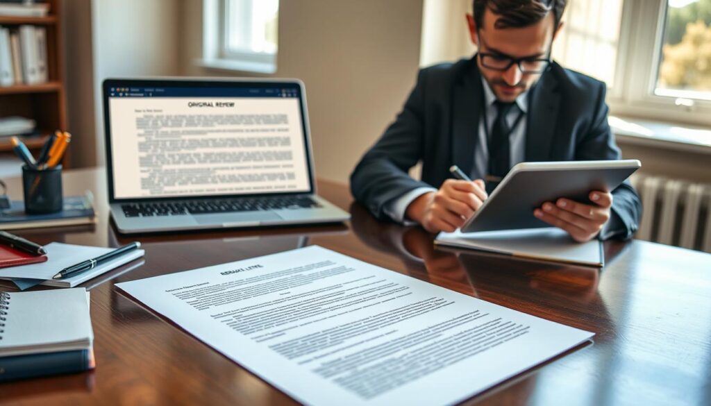A detailed and structured rebuttal letter lays flat on a polished wooden desk, surrounded by stationery items such as pens and notepads. The letter is neatly organized into sections, with headings clearly visible, emphasizing clarity and professionalism. In the foreground, a focused academic author, dressed in formal business attire, intently reviews the letter while taking notes on a tablet, portraying the action of addressing reviewer comments. The middle ground features an open laptop displaying a split-screen of the original review and the letter, symbolizing the revision process. In the background, soft natural light filters through a window, creating an inviting atmosphere. The overall mood is one of determination and diligence, illustrating the process of crafting a precise and respectful rebuttal.