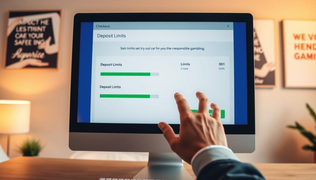 A modern checkout screen displayed on a desktop computer, featuring a focus on deposit limits for responsible gambling. In the foreground, the screen shows options for setting a deposit amount with green and red sliders to represent limits, accompanied by a simple, user-friendly interface. In the middle ground, a pair of hands in business attire gently navigate the screen, demonstrating the importance of setting limits. The background features a softly lit room with motivational posters about responsible gambling, creating an atmosphere of mindfulness and care. The lighting is warm and inviting, emphasizing a safe and professional setting. The angle is slightly elevated to provide a clear view of the checkout screen while keeping the focus on the hands and the technology used, evoking a sense of responsibility and control.
