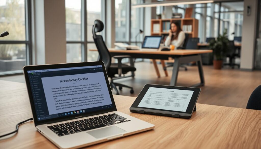 A modern workspace showcasing a variety of accessibility editorial tools, with a focus on technology that enhances academic publishing. In the foreground, a sleek laptop with a clean interface displays an accessibility checker, next to a tablet featuring text-to-speech software. In the middle ground, a comfortable ergonomic chair is positioned beside a sturdy desk adorned with a range of assistive devices including a braille display, large print materials, and a graphic tablet for illustration. The background reveals a well-lit, contemporary office setting with large windows filtering in soft natural light, creating a calm and inspiring atmosphere. The scene is shot from a slightly elevated angle, capturing the essence of a hub for innovation and inclusivity in academia.
