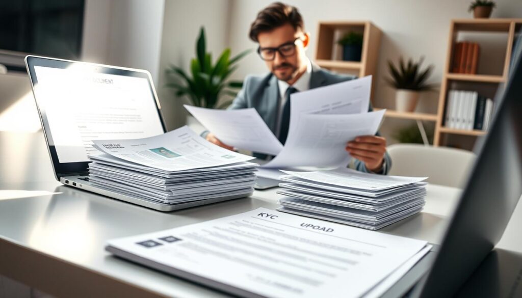 A neatly organized workspace featuring a stack of KYC documents, including an ID, utility bill, and bank letter, arranged on a sleek desk. In the foreground, a laptop is open with a secure upload interface visible on the screen, casting a gentle glow. The middle section showcases an individual, dressed in professional business attire, carefully reviewing the documents, exuding focus and diligence. Soft, natural light streams in from a nearby window, highlighting the organized chaos of paperwork while maintaining a calm and secure atmosphere. The background hints at a minimalist office style with potted plants and bookshelves, enhancing the mood of professionalism and security. The composition should be framed with a slight top-down angle, providing depth and context to the verification process.