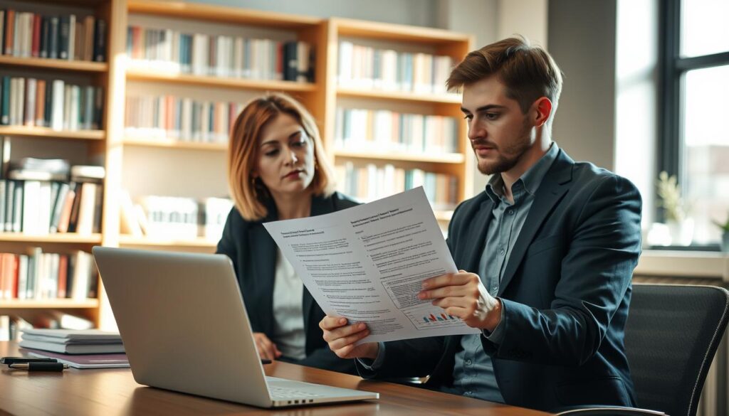 A professional academic editor and a researcher are engaged in a focused discussion about reviewer feedback on a manuscript. In the foreground, the editor, a middle-aged woman suited in a smart blazer, sits at a desk, holding a document with annotated reviewer comments. The researcher, a young man wearing a button-up shirt, leans forward, listening intently. In the middle ground, a laptop displays graphs and charts related to their discussion. The background features bookshelves filled with academic texts and a large window allowing soft, natural light to illuminate the scene, creating a warm, productive atmosphere. The composition captures a sense of collaboration and professionalism, emphasizing the importance of clear communication between authors and editors in the publishing process.