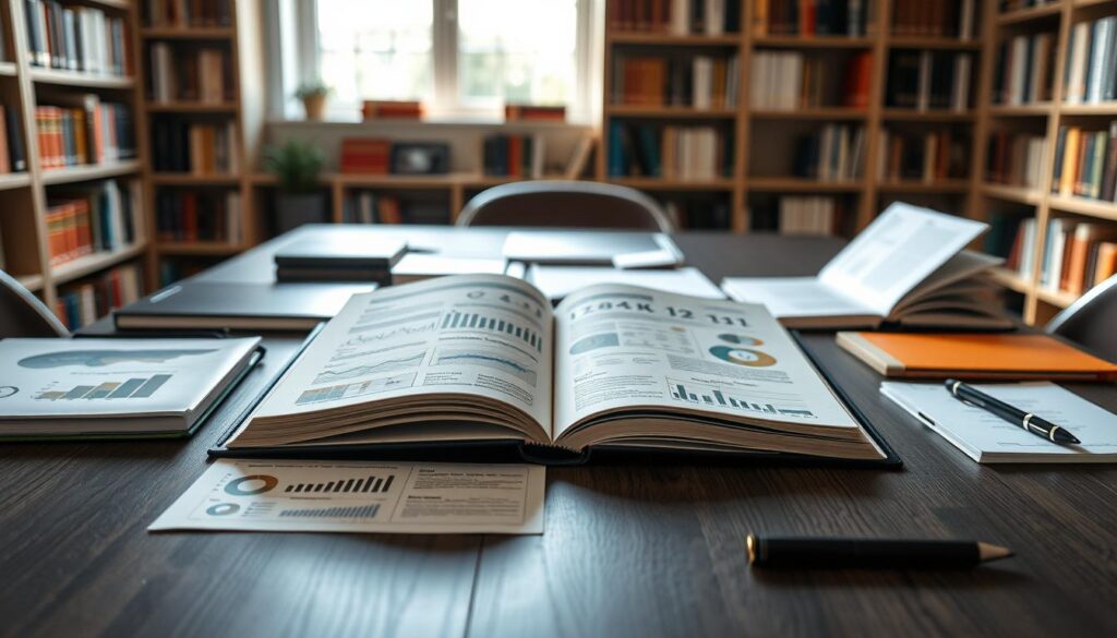 A professional academic setting featuring a well-organized table with an array of scholarly figures and tables integrated seamlessly into a beautifully designed book layout. In the foreground, place a sleek, elegant book open to a detailed page showcasing various charts, graphs, and infographics, all presented in a cohesive style. The middle ground highlights a meticulously arranged workspace with notebooks, a laptop, and pens, suggesting a productive research environment. The background includes soft-focus bookshelves filled with academic texts, creating a scholarly ambiance. Natural light spills in from a nearby window, casting gentle shadows and enhancing the clarity of the figures. Capture the mood of academic professionalism and creativity, focusing on clarity and design aesthetics, with a slight emphasis on modern typography elements that reflect high-quality book design.