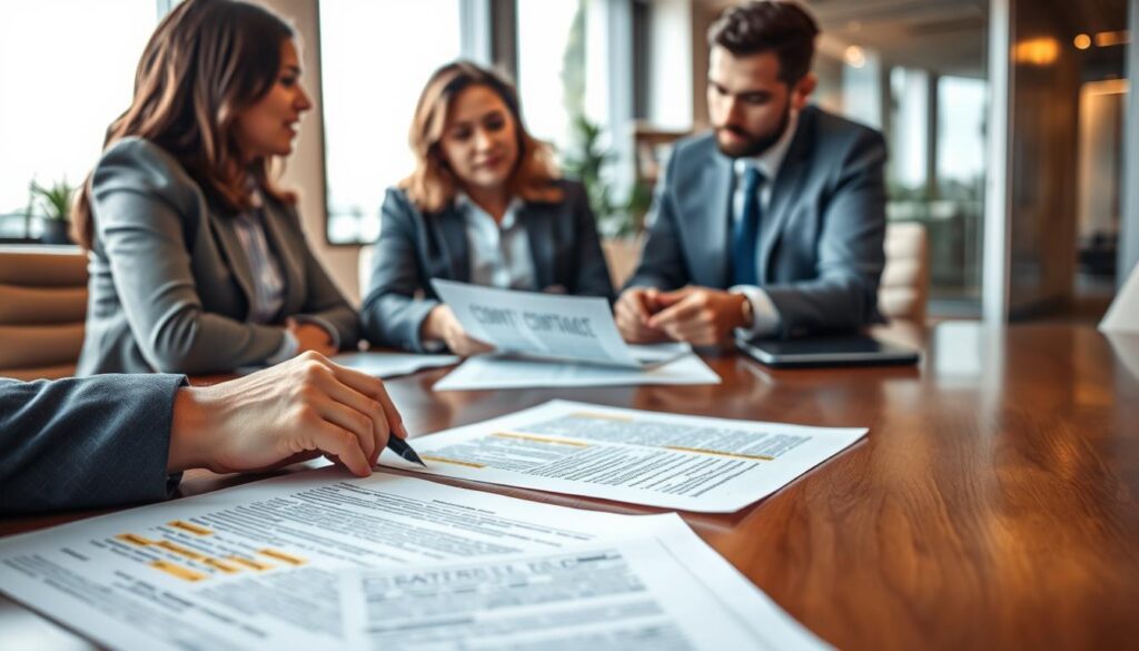 A professional office setting featuring a diverse group of scholars engaged in a serious discussion about contract negotiations, particularly focusing on a termination clause. In the foreground, a close-up of documents spread across a polished wooden table, revealing highlighted text and annotations. In the middle ground, two individuals—one male and one female, both in formal business attire—are seated and pointing to specific clauses in the documents, deep in conversation. The background shows a modern conference room with a large window, allowing natural light to flood the space, enhancing the serious yet collaborative atmosphere. Soft focus on the surroundings emphasizes the scholarly dialogue, creating an informed and focused mood. The lighting is warm and inviting, casting gentle shadows that add depth to the scene. A professional office setting featuring a diverse group of scholars engaged in a serious discussion about contract negotiations, particularly focusing on a termination clause. In the foreground, a close-up of documents spread across a polished wooden table, revealing highlighted text and annotations. In the middle ground, two individuals—one male and one female, both in formal business attire—are seated and pointing to specific clauses in the documents, deep in conversation. The background shows a modern conference room with a large window, allowing natural light to flood the space, enhancing the serious yet collaborative atmosphere. Soft focus on the surroundings emphasizes the scholarly dialogue, creating an informed and focused mood. The lighting is warm and inviting, casting gentle shadows that add depth to the scene.