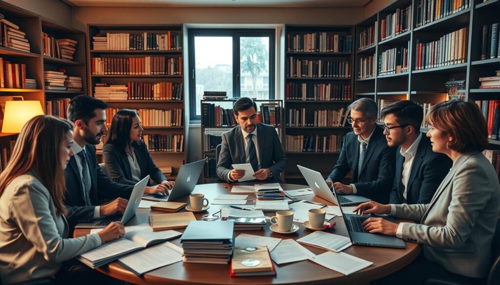 A professional setting depicting an academic peer review session. In the foreground, a diverse group of researchers in business attire, focused and engaged, surrounded by open laptops and stacks of academic papers. In the middle ground, a large round table littered with notes, highlighters, and coffee cups, with one individual presenting findings to the others with gestures. The background features bookshelves filled with scholarly journals and texts, softly illuminated by warm, ambient lighting that creates a collaborative atmosphere. A window allows natural light to filter in, enhancing a sense of openness and intellectual curiosity. The overall mood should inspire motivation and focus, capturing the essence of becoming an effective peer reviewer in academic publishing.