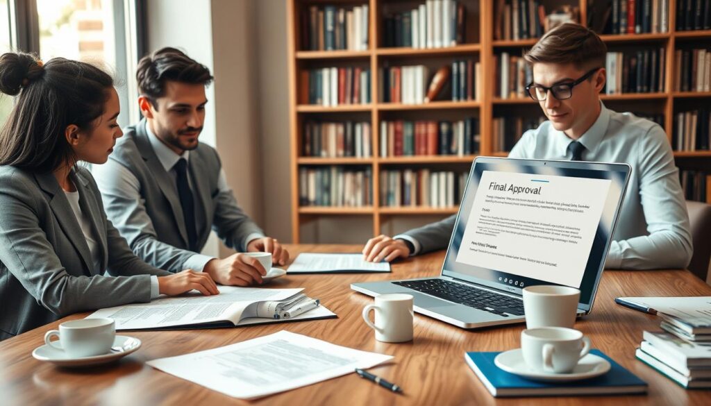 A professional setting illustrating the "Final Approval" stage of the academic publishing lifecycle. In the foreground, a diverse group of two academic professionals, one male and one female, in business attire, focused on reviewing a printed manuscript with marked-up proofs on a wooden conference table. The middle ground features a laptop displaying a sleek digital approval interface, alongside coffee cups and stationery. The background showcases a bookshelf filled with academic books and journals, while a window allows soft, natural light to illuminate the scene, creating a calm and focused atmosphere. The composition should evoke a sense of collaboration, diligence, and the importance of meticulous review in the publication process, captured from a slightly elevated angle for clarity. A professional setting illustrating the "Final Approval" stage of the academic publishing lifecycle. In the foreground, a diverse group of two academic professionals, one male and one female, in business attire, focused on reviewing a printed manuscript with marked-up proofs on a wooden conference table. The middle ground features a laptop displaying a sleek digital approval interface, alongside coffee cups and stationery. The background showcases a bookshelf filled with academic books and journals, while a window allows soft, natural light to illuminate the scene, creating a calm and focused atmosphere. The composition should evoke a sense of collaboration, diligence, and the importance of meticulous review in the publication process, captured from a slightly elevated angle for clarity.
