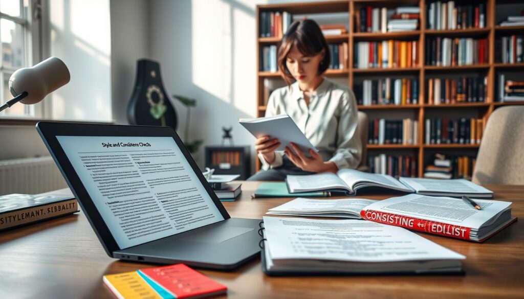 A professional workspace illustrating "Style and Consistency Checks" for academic publication. In the foreground, a neatly arranged desk features an open laptop displaying a document filled with text, alongside color-coded style guides and checklists in a traditional paper format. In the middle ground, an academic editor in a smart blouse and slacks reviews a printed manuscript, with a focused expression, while holding a red pen for annotations. The background shows shelves filled with books on writing and editing, creating an ambiance of knowledge. Soft, natural lighting filters through a nearby window, casting gentle shadows. The overall mood is one of diligence and professionalism, emphasizing the importance of meticulous review in academic publishing.