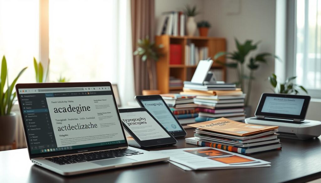 A well-organized workspace featuring modern software tools for academic typography. In the foreground, a sleek laptop with design software open, showcasing elegant font styles and formatting options. Next to it, colorful printed samples of academic layouts, such as book covers and journal pages. In the middle ground, an ergonomic desk piled with books on typography and design principles, a digital tablet displaying a typography app, and a high-quality scanner. The background includes a large window allowing soft, natural light to illuminate the scene, with a few potted plants for a touch of greenery. The overall mood is professional and creative, encouraging focus and inspiration in academic design. Use a slightly blurred bokeh effect in the background to emphasize the workspace.