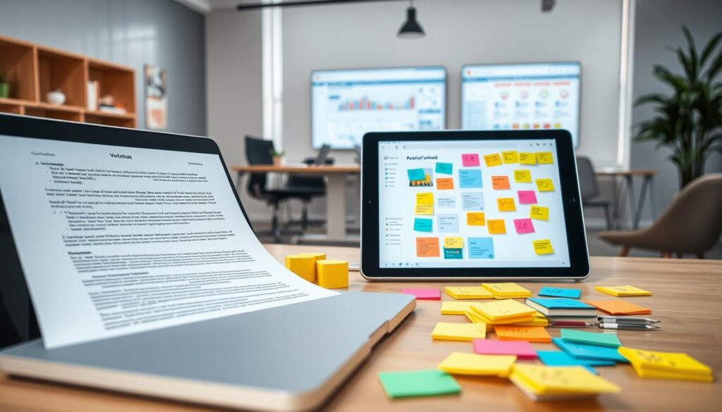 A well-organized workspace showcasing editorial tools for collaboration and version control in academic publishing. In the foreground, a sleek laptop with an open document displaying track changes and comments. To the side, colorful sticky notes are scattered, each representing different ideas and edits. In the middle, a tablet with a digital whiteboard app is visible, featuring brainstorming visuals and color-coded contributions from team members. The background features a modern office with soft, natural lighting filtering through a large window, creating a bright and inviting atmosphere. A wall-mounted screen displays a project timeline and collaborative documents. The scene conveys a sense of teamwork and innovation, embodying a productive academic environment. No people present, emphasizing the tools and digital resources.