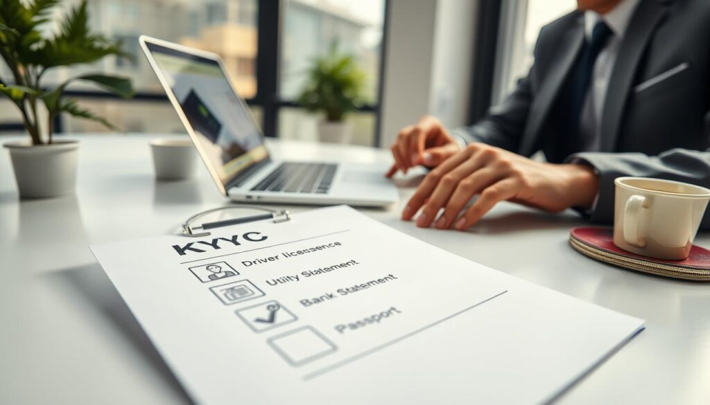 A clean, organized workspace featuring a KYC documentation checklist prominently on a modern desk. The checklist consists of various sections with icons representing different required documents: a driver's license, utility bill, bank statement, and passport. In the foreground, a professional person in business attire, focusing intently, is reviewing the checklist, their fingers tracing the items. The middle ground shows a laptop displaying a digital verification platform, while a plant and a coffee cup add a touch of warmth. In the background, soft natural light streams through a large window, creating a calm and supportive atmosphere for thorough verification. The angle captures the scene from a slightly elevated perspective, ensuring clarity and depth without any distractions. A clean, organized workspace featuring a KYC documentation checklist prominently on a modern desk. The checklist consists of various sections with icons representing different required documents: a driver's license, utility bill, bank statement, and passport. In the foreground, a professional person in business attire, focusing intently, is reviewing the checklist, their fingers tracing the items. The middle ground shows a laptop displaying a digital verification platform, while a plant and a coffee cup add a touch of warmth. In the background, soft natural light streams through a large window, creating a calm and supportive atmosphere for thorough verification. The angle captures the scene from a slightly elevated perspective, ensuring clarity and depth without any distractions.