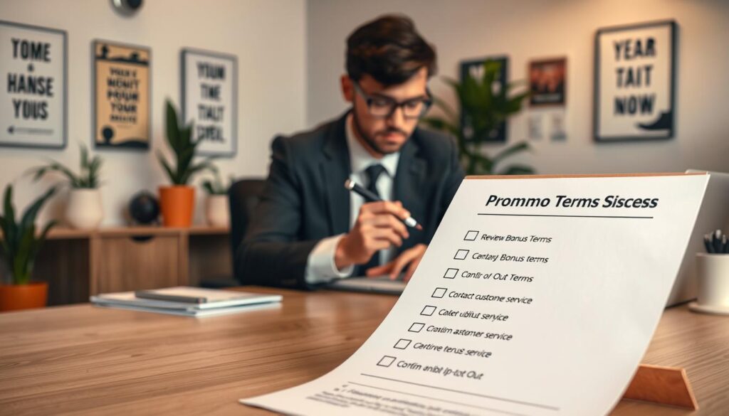 A detailed checklist on a clean, modern desk surrounded by a soothing office environment. In the foreground, there’s a neat checklist titled “Promo Terms Opt-Out Process” with bullet points outlining steps such as “Review Bonus Terms,” “Contact Customer Service,” and “Confirm Opt-Out.” In the middle, a professional-looking person in business attire is thoughtfully reviewing the checklist, with a pen in hand, focused and engaged. The background features a softly lit office with plants, a laptop, and motivational posters on the walls, creating a calm, productive atmosphere. The lighting is warm and inviting, with a slight depth of field to emphasize the checklist and the person, enhancing the mood of clarity and professionalism.