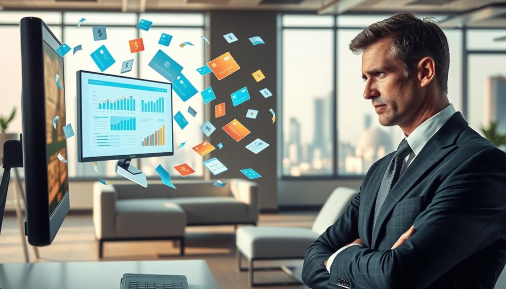 A dynamic and informative scene illustrating the concepts of payment reversals and chargebacks. In the foreground, depict a concerned business professional in a smart, tailored suit, looking at a computer screen displaying charts and graphs related to transaction disputes. The middle ground features a stylized, abstract representation of credit cards and currency symbols swirling around, symbolizing transactions and disruptions. In the background, a modern office environment with soft, natural lighting creates a productive atmosphere, with sleek furniture and a large window revealing a cityscape. The overall mood is serious yet focused, emphasizing the importance of understanding payment reversibility and the complexities of chargebacks in financial transactions.