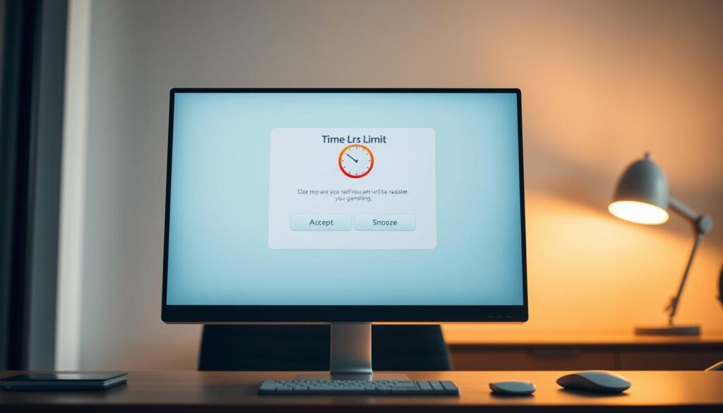 A modern digital interface on a sleek computer screen displaying a realistic time limits reminder pop-up. The foreground features the pop-up window with engaging visuals, showing a clock icon and colorful countdown timer, all set against a soft-focus background of a stylish, well-lit office environment. The middle layer highlights a set of clear buttons for "Accept" and "Snooze," designed with a user-friendly layout. In the background, an illuminated desk lamp casts warm light, creating a professional atmosphere. The overall mood is calm yet informative, emphasizing responsible time management in a gambling context, with no text or branding visible.