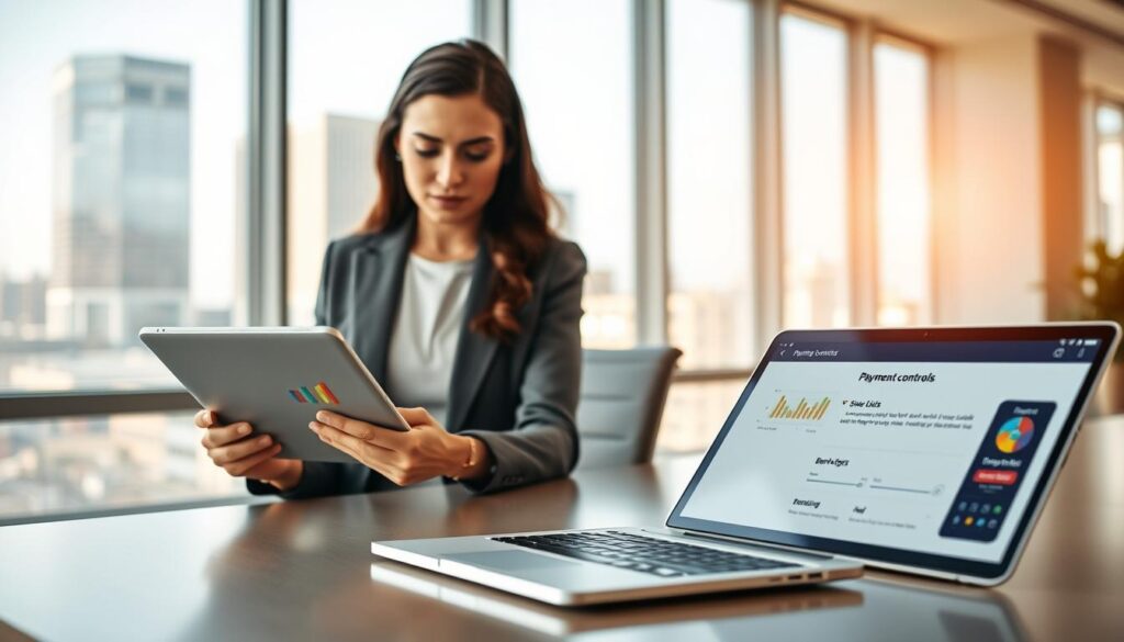 A modern office environment focused on financial management for safer betting. In the foreground, a well-dressed professional woman, intently reviewing a digital dashboard on her tablet, displaying colorful graphs and settings for payment controls, like deposit limits and bank alerts. In the middle, a sleek desk with an open laptop showing a banking app interface, emphasizing one-click deposit options being turned off. The background features a large window with bright, natural light streaming in, showcasing a cityscape. The atmosphere conveys a sense of responsibility and focus, with soft, warm lighting accentuating the seriousness of managing finances effectively. A shallow depth of field highlights the professional’s concentration while subtly blurring the background.