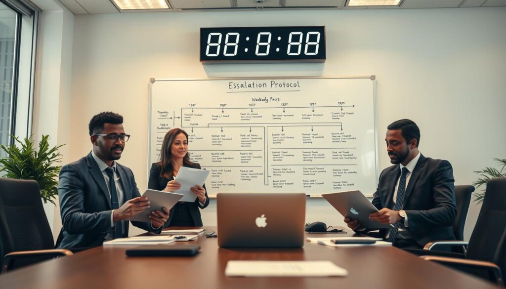 A professional office setting illustrating the escalation protocol for sportsbook withdrawals during weekends and holidays. In the foreground, show a diverse group of three professionals in business attire, each engaged in discussion with laptops open and documents in hand, conveying urgency and teamwork. The middle ground reveals a detailed flowchart on a whiteboard titled “Escalation Protocol,” showcasing timelines and documentation steps. In the background, a large digital clock displays weekend hours, creating a sense of time pressure. Use warm, soft lighting to create a focused atmosphere, while capturing the hustle of a busy office. The angle should be slightly low to emphasize the professionals hard at work, highlighting collaboration and efficient problem-solving. Avoid any text or logos in the image.