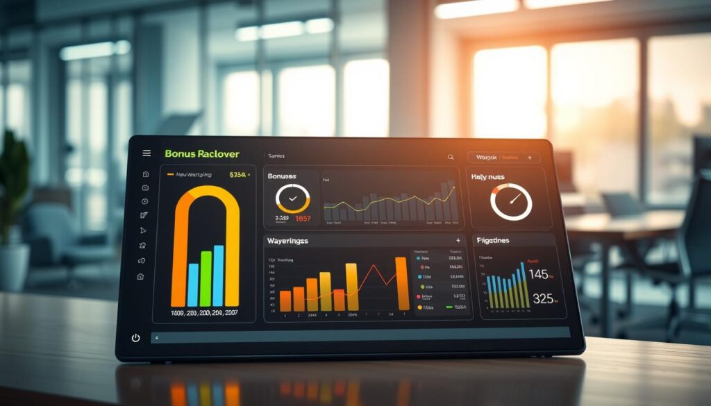 A sleek bonus rollover progress tracker dashboard set in a modern office environment. In the foreground, a luminous digital display shows colorful progress bars representing remaining wagering amounts and countdown timers for expiry clocks. The middle section features an organized layout with user-friendly graphs and charts illustrating bonuses and wagering requirements, rendered in a clean, minimalist style. In the background, soft-focus elements of a stylish office with contemporary furniture and bright, natural lighting create an inviting atmosphere. The overall mood is professional yet dynamic, conveying a sense of active engagement and financial monitoring. Capture the scene from a slight angle to emphasize depth and functionality, showcasing the dashboard as a vital tool for tracking bonus progress.