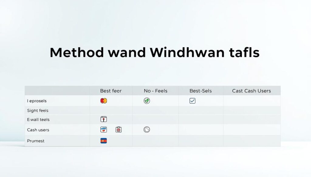 A sophisticated and visually engaging method comparison table, designed to showcase deposit and withdrawal methods. In the foreground, a sleek, well-structured table, divided into three clear sections: "Best for Speed," "Best for No Fees," and "Best for Cash Users." Each section should have distinct icons representing different payment methods like credit cards, e-wallets, and cash. In the middle ground, a soft gradient background that transitions from light blue to white, creating a clean and professional look. The lighting is bright and even, evoking clarity and focus. The overall mood should be informative and straightforward, ideal for readers seeking quick, comparative insights without any distractions from text or visuals.