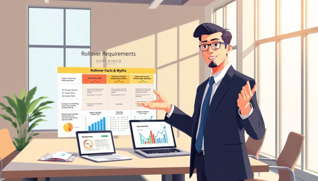 A visually engaging illustration depicting "rollover requirements explained." In the foreground, a professional businessperson in smart attire gestures towards a large, clear chart showing rollover facts and myths with vibrant colors. In the middle ground, a sleek desk with financial documents and a laptop displaying graphs representing deposits and withdrawals. The background features a well-lit office with large windows allowing natural light to stream in, enhancing the atmosphere of clarity and professionalism. A warm color palette evoking a sense of trust and transparency permeates the scene, with soft shadows adding depth. The perspective is slightly angled to create an inviting feeling, drawing the viewer into this informative space. A visually engaging illustration depicting "rollover requirements explained." In the foreground, a professional businessperson in smart attire gestures towards a large, clear chart showing rollover facts and myths with vibrant colors. In the middle ground, a sleek desk with financial documents and a laptop displaying graphs representing deposits and withdrawals. The background features a well-lit office with large windows allowing natural light to stream in, enhancing the atmosphere of clarity and professionalism. A warm color palette evoking a sense of trust and transparency permeates the scene, with soft shadows adding depth. The perspective is slightly angled to create an inviting feeling, drawing the viewer into this informative space.