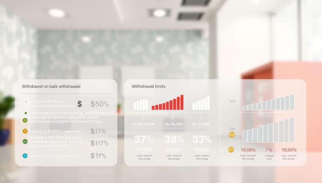 An infographic illustrating bank withdrawal fees and limits, featuring a clean, modern design. In the foreground, include a detailed breakdown of different fee structures (e.g., low, medium, high) with vibrant icons symbolizing dollars and percentages. The middle section should present various withdrawal limits with illustrative graphs or charts that are easy to understand. In the background, subtle patterns of bank-related imagery—such as currency notes and coins—should blend in without overwhelming the main content. The lighting should be bright and professional, simulating a well-lit office space, and the overall mood should convey reliability and clarity. Use a slight bird's-eye angle to give a comprehensive view of the infographic layout, ensuring it remains visually balanced and engaging for readers. An infographic illustrating bank withdrawal fees and limits, featuring a clean, modern design. In the foreground, include a detailed breakdown of different fee structures (e.g., low, medium, high) with vibrant icons symbolizing dollars and percentages. The middle section should present various withdrawal limits with illustrative graphs or charts that are easy to understand. In the background, subtle patterns of bank-related imagery—such as currency notes and coins—should blend in without overwhelming the main content. The lighting should be bright and professional, simulating a well-lit office space, and the overall mood should convey reliability and clarity. Use a slight bird's-eye angle to give a comprehensive view of the infographic layout, ensuring it remains visually balanced and engaging for readers.