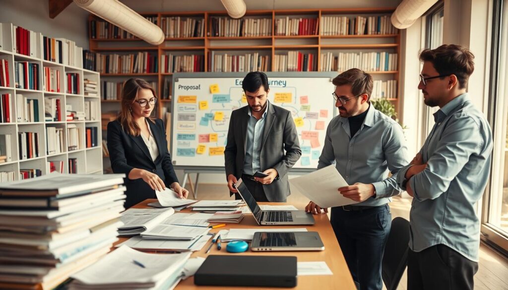 A collaborative workspace embodying the transdisciplinary research editorial process, featuring a diverse group of scholars engaged in discussions around a large table stacked with research papers and laptops. In the foreground, a well-dressed woman in business attire points to a document while two men, one in a blazer and the other in a smart casual shirt, review notes with expressions of thoughtful engagement. The middle ground shows a whiteboard filled with colorful diagrams and post-it notes illustrating the editorial journey, including “Proposal,” “Peer Review,” and “Revision.” The background depicts shelves lined with academic journals, bathed in soft, natural light from large windows, creating a warm and collaborative atmosphere. The scene captures an air of intellectual rigor and teamwork, with an inviting and open feel. A collaborative workspace embodying the transdisciplinary research editorial process, featuring a diverse group of scholars engaged in discussions around a large table stacked with research papers and laptops. In the foreground, a well-dressed woman in business attire points to a document while two men, one in a blazer and the other in a smart casual shirt, review notes with expressions of thoughtful engagement. The middle ground shows a whiteboard filled with colorful diagrams and post-it notes illustrating the editorial journey, including “Proposal,” “Peer Review,” and “Revision.” The background depicts shelves lined with academic journals, bathed in soft, natural light from large windows, creating a warm and collaborative atmosphere. The scene captures an air of intellectual rigor and teamwork, with an inviting and open feel.