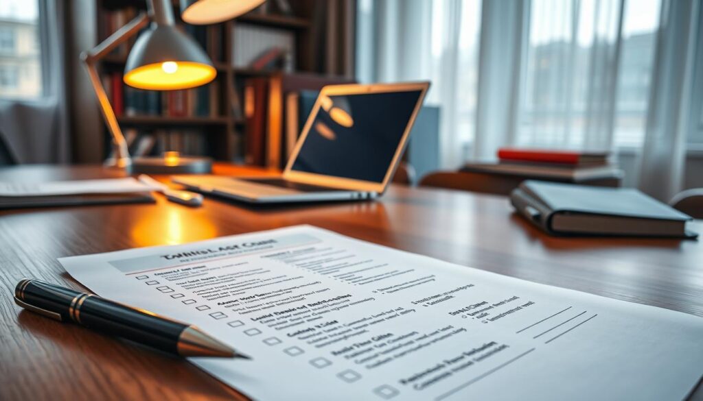 A detailed checklist laid out on a sleek wooden desk, with paper that features organized bullet points and sections tailored for interdisciplinary publishing. In the foreground, an elegant pen rests beside the checklist. The middle ground showcases a softly glowing desk lamp providing warm light that highlights the checklist, with a blurred laptop and various academic books in the background, suggesting a scholarly atmosphere. The background features a large window with sheer curtains, letting in natural light that adds to the inviting atmosphere. The overall mood is professional and focused, evoking a sense of diligence and preparation, perfect for university scholars aiming to navigate the complexities of interdisciplinary publishing.