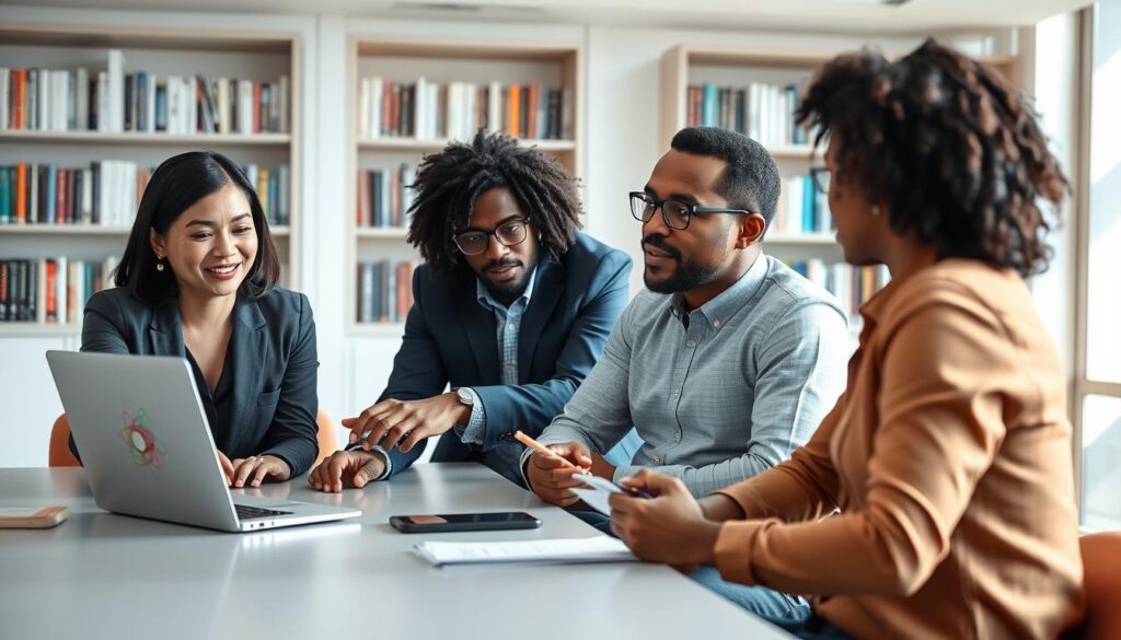 A diverse group of four professionals seated around a modern conference table, engaged in a collaborative discussion about selecting reviewers for mixed-methods and cross-field work. In the foreground, a middle-aged Asian woman in smart business attire points at a laptop screen displaying a colorful visualization of interdisciplinary connections. Beside her, a young Black man adjusts his glasses, taking notes on a notepad. In the background, a bright, airy conference room with large windows, casting soft natural light, showcases bookshelves filled with scientific and technical literature. The atmosphere is focused and dynamic, reflecting teamwork and intellectual exchange, with a lens perspective that captures both individuals and the collaborative spirit of cross-disciplinary peer review.