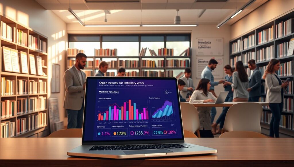 A modern open access digital library scene focused on repositories for scholarly work. In the foreground, a sleek laptop displays vibrant, animated metadata visuals and graphs that showcase discoverability metrics. The middle ground features bookshelves filled with colorful interdisciplinary monographs, with soft light illuminating their spines. On the walls, there are posters illustrating metadata schemas and open access principles. The background shows a large window where sunlight streams in, creating an inviting atmosphere. The scene is bustling with diverse researchers in professional attire, engaging with digital devices and collaborating around a round table. The overall mood is one of innovation and academic collaboration, with warm lighting enhancing the sense of productivity and discovery.