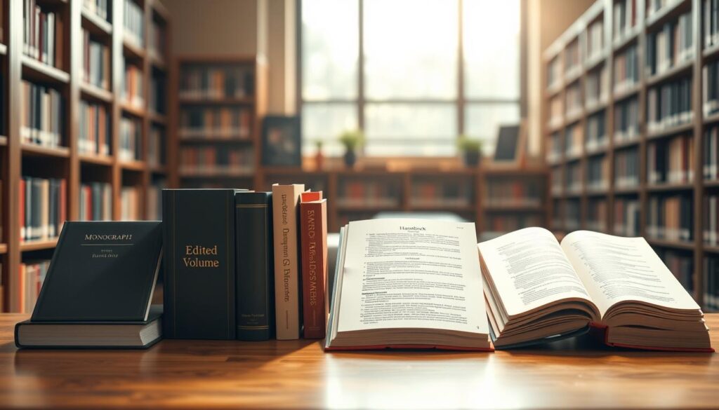 A neatly arranged collection of academic books in different formats displayed on a polished wooden desk. In the foreground, focus on a monograph with a sleek cover, an edited volume with visible editor names, and a detailed handbook showcasing a table of contents. The middle of the image reveals an open hybrid book, blending monograph and edited volume styles. In the background, a soft-focus library setting, filled with bookshelves lined with scholarly texts, reflects a warm, inviting atmosphere. Natural light streams in through a large window, creating soft highlights and gentle shadows. The scene conveys professionalism and intellectual curiosity, designed to appeal to university scholars exploring publishing options.