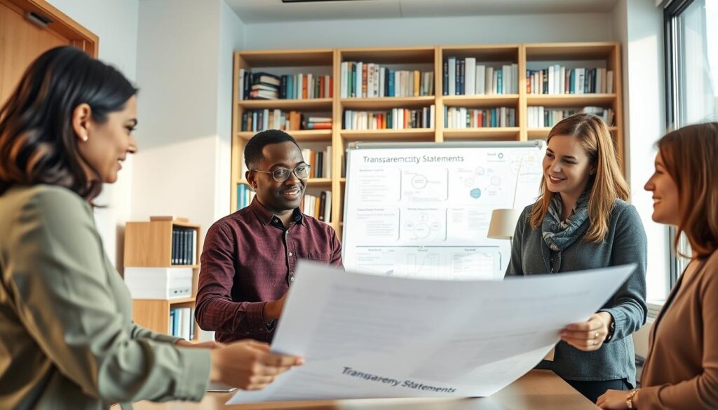 A professional academic workspace featuring diverse researchers engaged in discussions about ethical considerations in research integrity. In the foreground, a group of three individuals—one Asian woman, one Black man, and one Caucasian woman—are analyzing a large document titled "Transparency Statements" in a well-lit conference room. The middle ground showcases a whiteboard filled with notes and diagrams related to peer review ethics. In the background, a bookshelf filled with scientific literature and journals adds depth. Soft, natural lighting from a large window casts gentle shadows, creating a focused yet friendly atmosphere. The angle captures the dynamic interaction between the researchers while emphasizing professionalism and collaboration.