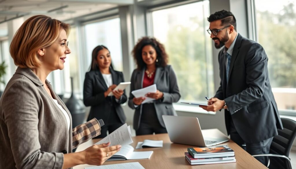 A professional business meeting scene showcasing a diverse group of three acquisitions editors and an author pitching ideas. In the foreground, the author, a middle-aged Caucasian woman in smart casual attire, enthusiastically presents a document, with gestures that convey her passion. In the middle ground, two editors, a Black woman in a professional blazer and a Hispanic man in a tailored suit, attentively listen, with notepads and pens in hand. The background features a bright and modern conference room, with large windows allowing natural light to flood in and a large table filled with literature and laptops. The mood is collaborative and supportive, reflecting professionalism and creativity as they engage in discussion. The perspective is slightly angled to capture the entirety of the scene while keeping focus on the interaction.